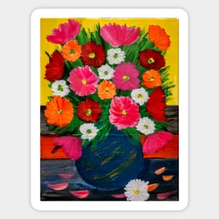 A beautiful bouquet of mixed flowers in a gold and turquoise vase Sticker